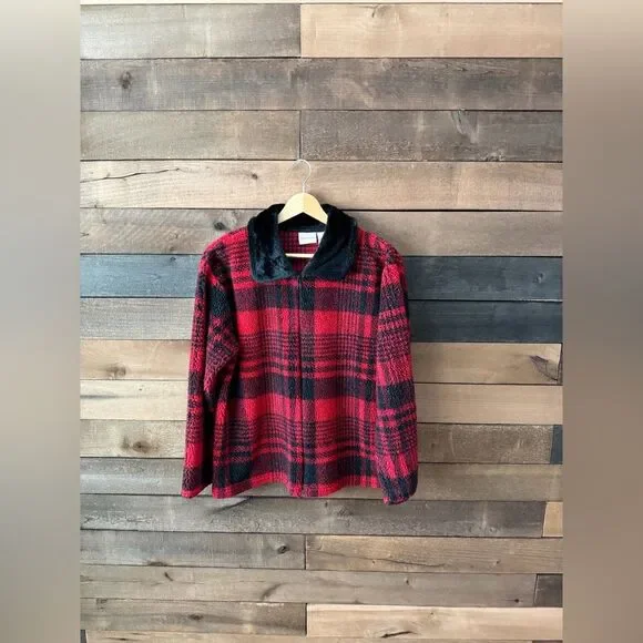 Vintage Plaid Fleece Jacket Red Black Faux Fur Collar Zip Front Size S - Picture 10 of 10
